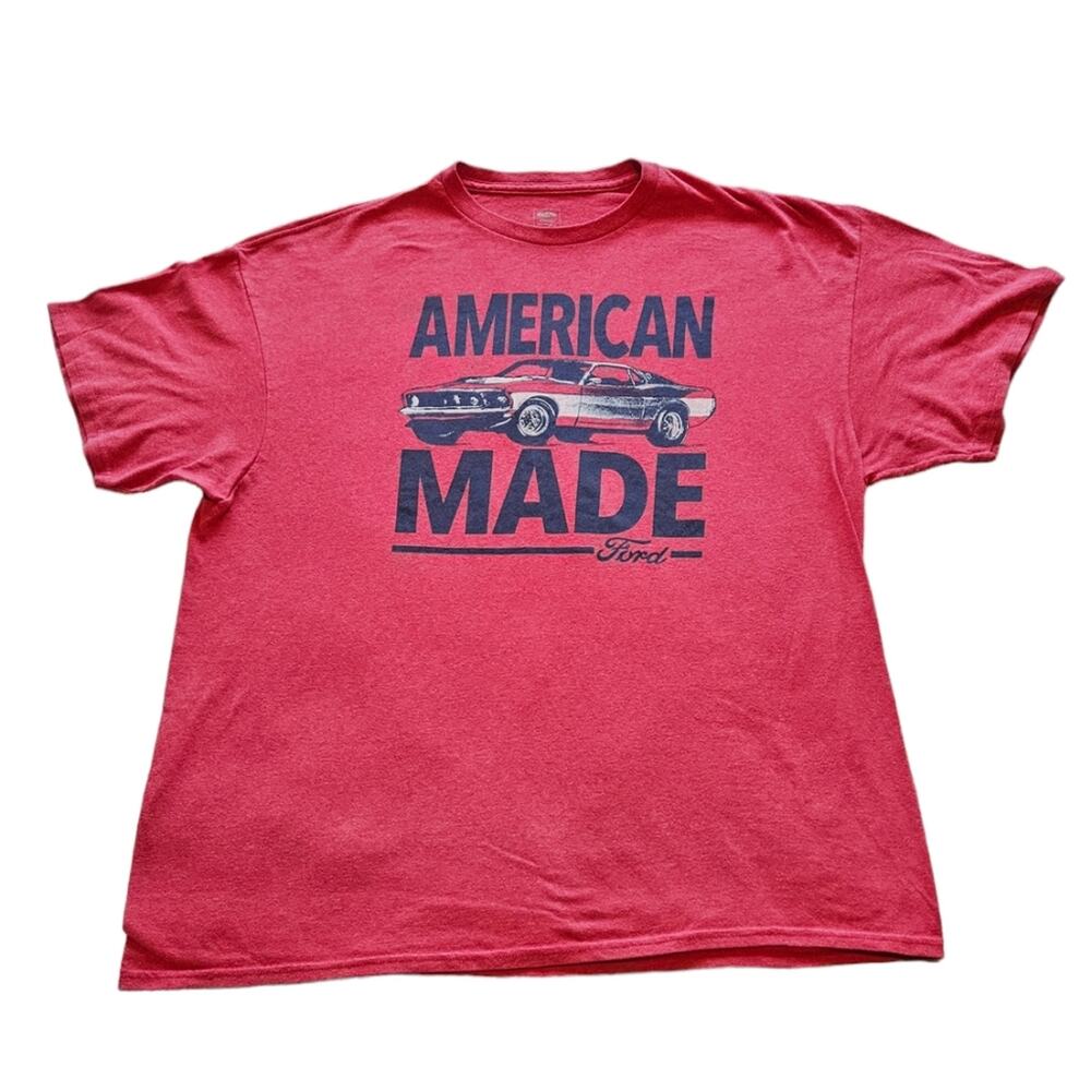 XXL men's t-shirt in red with the Ford logo, muscle car, & words "American Made"
